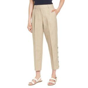 Lewit Pant 10 Khaki Crop Linen Side Buttons Natural Luxury Safari Twill Vacation